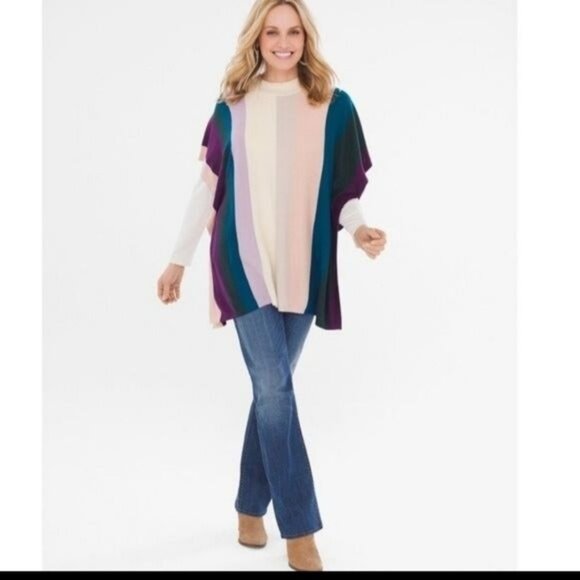 New Women's Chico's Popover Poncho top Fall Winter Stripes Striped Small… - Picture 3 of 7